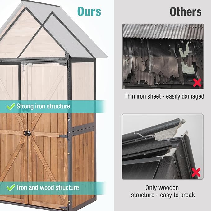 Storage Shed with Metal Frame, Adjustable Shelves, Brown Fir
