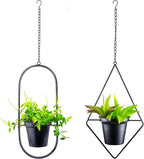 Modern Hanging Planters for Indoor Plants, Metal Plant Hanger with 5 inch Flower Pot, Set of 2 Black Plant Holder in Diamond and Oval Shape, Small Wall and Ceiling Hanging Pot for Outdoor Plants