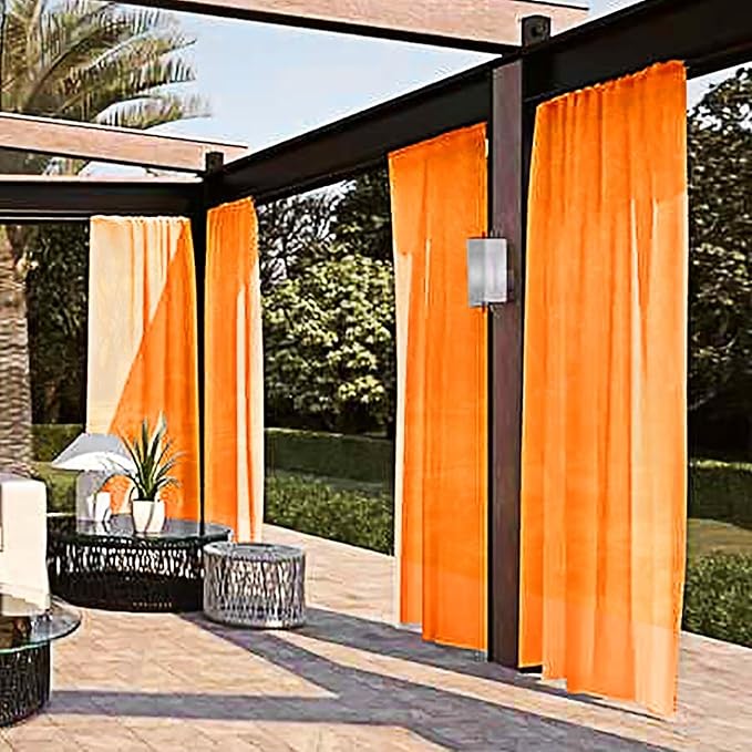 SpaceDresser Waterproof Outdoor Sheer Curtains for Patio - 4 Panels Rod Pocket Indoor Voile Sheer Curtain for Living Room,52W x 84L inch, Orange