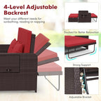 Nightcore Wicker Patio Outdoor Daybed, Outdoor Chaise Lounger w/ 4-Level Adjustable Backrest, Retractable Side Trays, Storage Ottoman, Comfortable & Removable Cushions, Rattan Loveseat (Red)