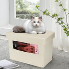 AmasSmile Storage Ottoman Folding Foot Rest Stool with Side Pocket, 16 inch Leather Footstool Bench, Short Ottoman Bench, Storage Foot Rest Store, Books (Beige-2)
