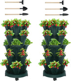 DUNCHATY Stackable Planter, Vertical Garden Planter with Wheels and Tools, Strawberry Indoor/Outdoor 5 Tier Tower Herb for Growing Vegetables Succulents, Dark Green, 2 Pack