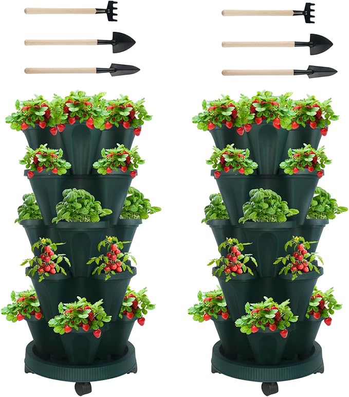 DUNCHATY Stackable Planter, Vertical Garden Planter with Wheels and Tools, Strawberry Indoor/Outdoor 5 Tier Tower Herb for Growing Vegetables Succulents, Dark Green, 2 Pack