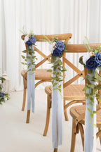 Artificial Wedding Pew Flowers, Blue Roses with Chiffon Ribbon, Set of 10