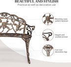 VINGLI 38.5" Patio Park Garden Outdoor Metal Rose Bench, 2-Person Cast Iron Cast Aluminium Frame Antique Finish Chair,Accented Lawn Front Porch Path Yard Decor Deck Furniture (Bronze, Rose)