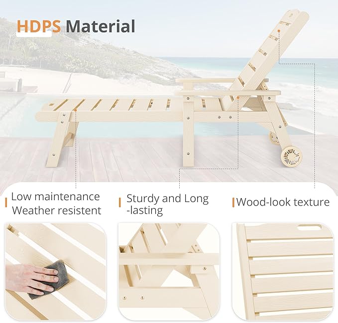 LUE BONA Outdoor Chaise Lounge, HDPS Chaise Lounger, 5 Positions Adjustable Lounge Chairs, Pool Lounge Chair with Wheels for Poolside, Backyard, Sand