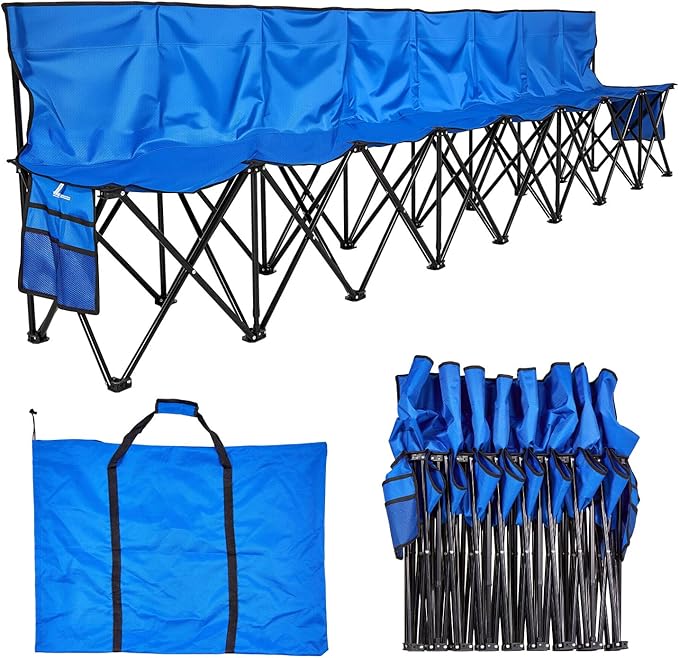 VEVOR Portable Folding Bench, 8 Seat Foldable Soccer Bench with Side Pockets and Carrying Bag, Lightweight Sideline Seating with Back Rest for Football, Baseball, Camping, Outdoor Events, Blue