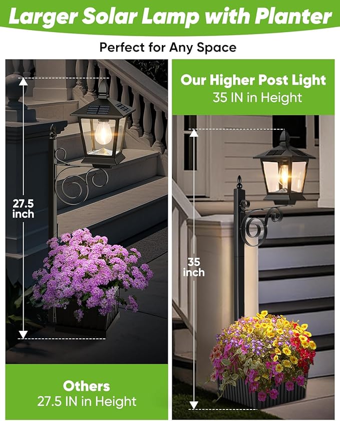 2 in 1 Outdoor Flower Pots, 35” Solar Lamp Post Light with Planter, Metal Pole & IP65 Waterproof, Freestanding Outdoor Planters, Decorative Solar Lamp for Outside, Front Door, Yard, 1-Pack