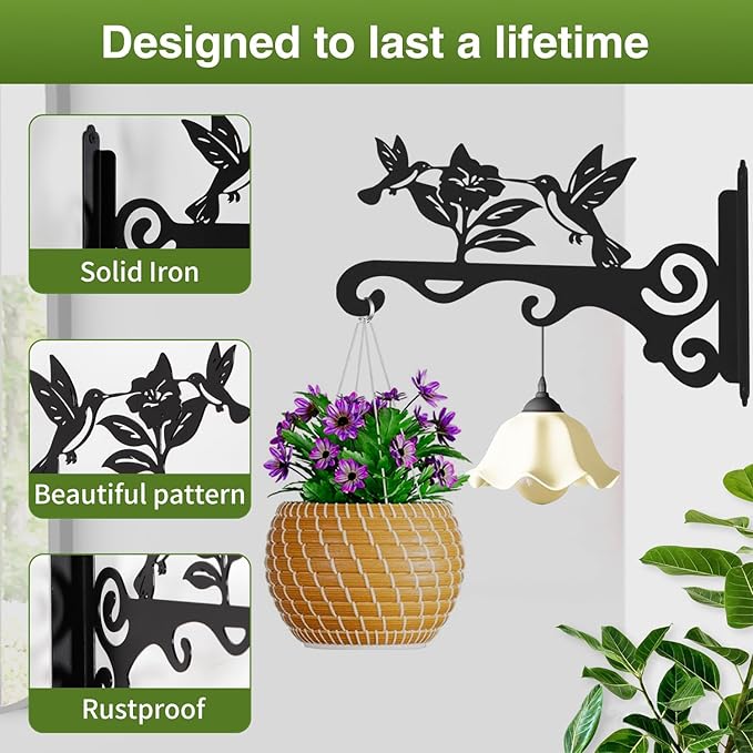 Elegant Bird Pattern Wall Hooks - 10/12/14 Inch Metal Plant Hangers for Indoor & Outdoor - Rust-Resistant Bracket for Plants, Feeders, Chimes, Lanterns (4, Black, 14 inch)