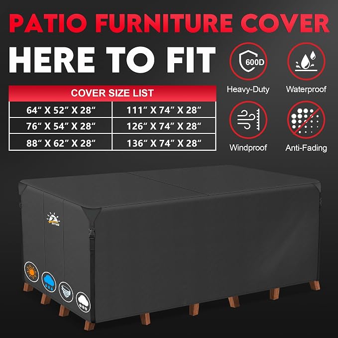 Rectangular Patio Furniture Cover 96x72x38 Inch Black Waterproof 600D