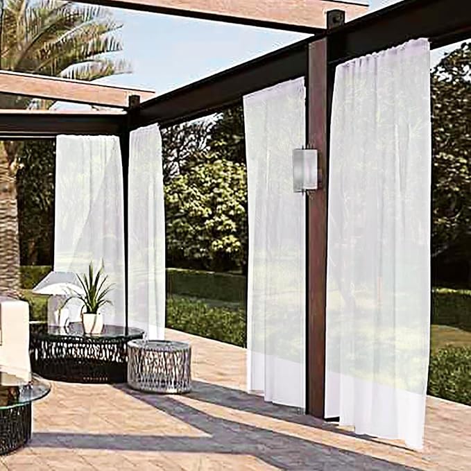 SpaceDresser Waterproof Outdoor Sheer Curtains for Patio - 2 Panels Rod Pocket Indoor Voile Sheer Curtain for Living Room,52W x 84L inch, White