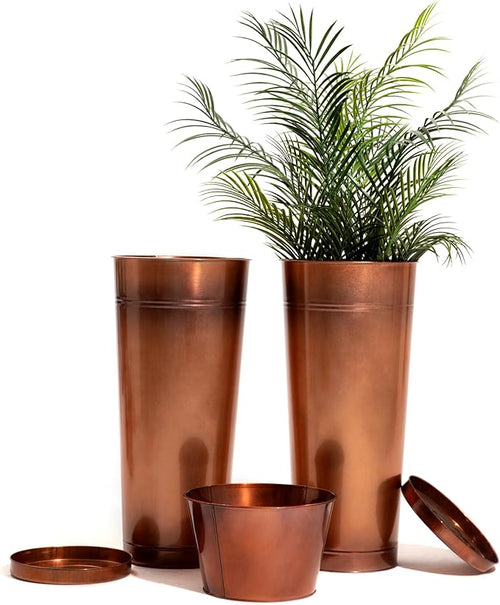 28in Tall Copper Planters Set of 2,Galvanized Steel Tall Outdoor Planter for Indoor/porches- Copper Color(2planters,2inner pots with Holes,2trays)