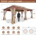 COBIZI Gazebo 12x20 Heavy Duty Gazebos with Curtain and Netting Outdoor Gazebo Canopy Double Roof Patio Gazebos with Metal Steel Frame for Patio, Deck, Backyard-Khaki