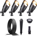 Gardenreet Black Brass Landscape Lighting Kit (4-Pack LED Spotlights) with 100 Feet Cable and 20Pack Wire Connectors for Outdoor House Garden Patio Without Low Voltage Transformer