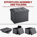 LINMAGCO Small Storage Ottoman Stool Foot Rest Stool Under Desk Stool Short Folding Ottoman Linen Cloth Dark Gray 17X13X13IN