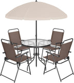 Shintenchi 6 Piece Patio Dining Set with Umbrella, Outdoor Furniture Set with 4 Folding Chairs and Tempered Glass Top Dining Table fot Lawn Backyard Garden Porch Brown and Beige