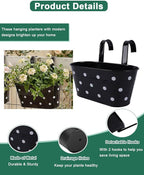 Metal Railing Planters for Outdoor Plants - 3 Pcs Balcony Hanging Flower Pots with Detachable Hooks & Drain Holes, Windowsill Oval Hanging Buckets Fence Planters for Garden Home Decor, Black with Dot