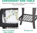 VINGLI Outdoor Side Table with Storage Wicker Patio Side Table, Tempered Glass Top End Table for Balcony Porch Deck (Grey)