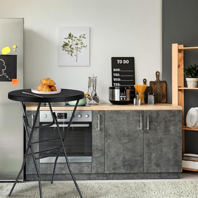 Cocktail Table 28in Folding Round High Top Indoor – Black- 2PCS
