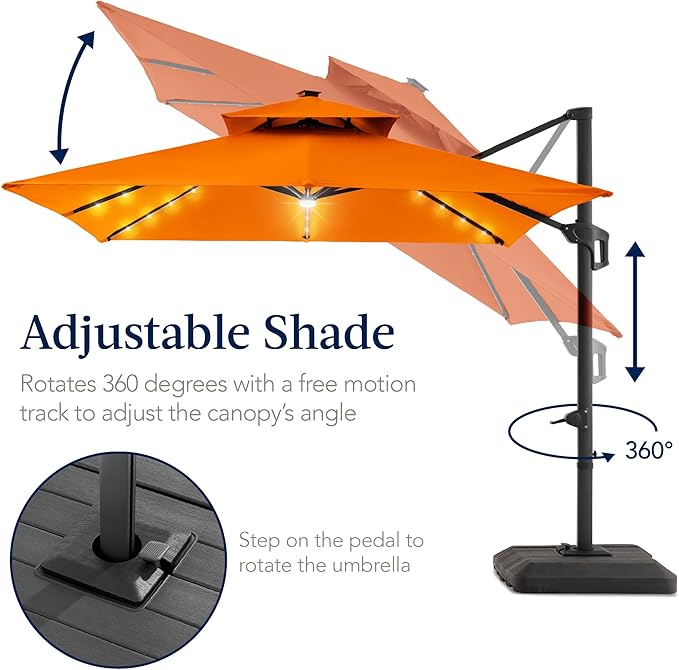 Best Choice Products 9x12ft LED Cantilever Patio Umbrella w/Base Included & 360° Rotation, Large Solar Offset Hanging Outdoor Sun Shade for Deck, Backyard Table w/Stand & Lights – Orange
