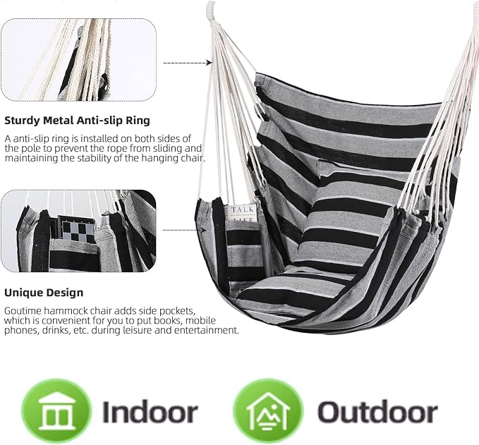 Hammock Chair, Gray Stripe Cotton Macrame Swing, 330 lb Max Weight