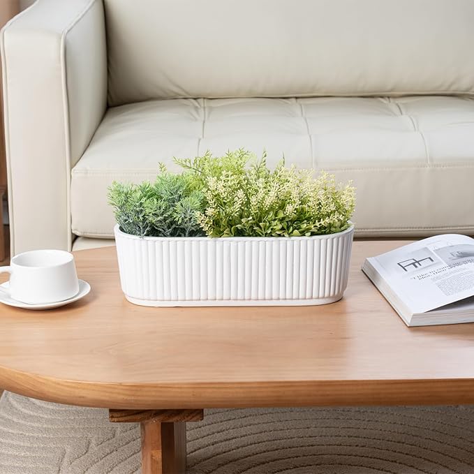 MyGift 12 Inch Ceramic Succulent Planter, Oval Matte White Planter Pot, Indoor Plants Flower Herb Garden Pot Window Box