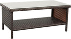Outdoor Wicker Coffee Table Patio Furniture Garden Rattan 2-Layer Glass Table with Storage and Furniture Cover, Brown