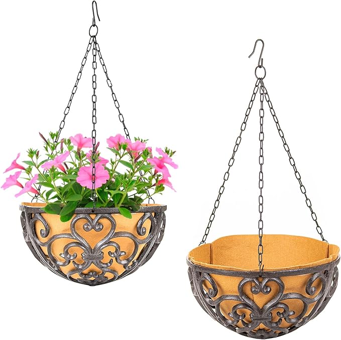 Hanging Planters, 2-Pack Rustic Brown Cast Iron Baskets with Fiber Liner