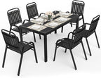 Pamapic Outdoor Dining Sets for 6, Rectangular Steel Slat Table with 6 Plastic Chairs, 7 Piece Patio Table and Chairs Set with Adjustable Umbrella Hole for Garden, Backyard, Poolside (Black)