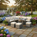 Tangkula 7 Pieces Patio Furniture Set, Outdoor Sectional Rattan Dining Sofa Set with Cushions, All Weather Wicker Conversation Couch Set with Dining Table & Ottomans for Yard Garden Poolside, White