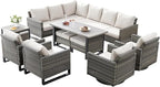 Belord Outdoor Sectional Furniture with Swivel Rocker Chair, 10 Pieces Wicker Patio Furniture Sets with Ottoman L Shaped Sofa Coffee Table Beige Cushion