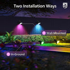 Philips 2 Packs Solar RGBW Spot Lights Outdoor, 18 LED Solar Powered Landscape Lights, 9 Lighting Modes Color-Changing Dusk to Dawn Waterproof Pathway Spotlights for Garden Trees Halloween Christmas