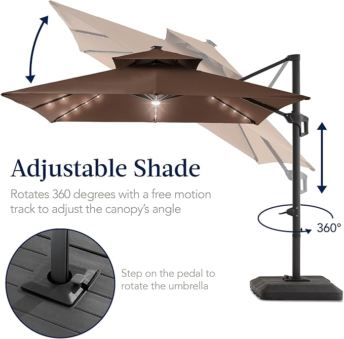 Best Choice Products 9x12ft LED Cantilever Patio Umbrella w/Base Included & 360° Rotation, Large Solar Offset Hanging Outdoor Sun Shade for Deck, Backyard Table w/Stand & Lights – Brown