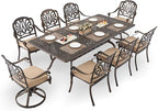 9-Piece Cast Aluminum Patio Furniture, Outdoor Dining Sets for 8 Include 87" Rectangular Patio Dining Table, 6 Stackable Chairs & 2 Swivel Chairs with Cushions & Umbrella Hole(Bronze)