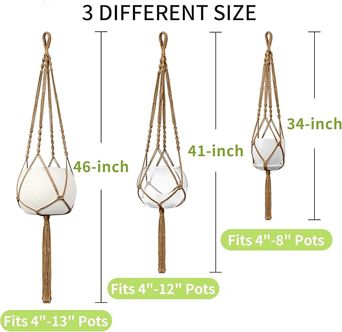 Macrame Plant Hanger - Fits 4 to 13 inches Pots for Indoor Outdoor, 34"/41"/46" 3 Sizes Set, Brown (POTS NOT Included)