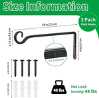 Metal Hanging Plant Hooks, 2 Pack 10 Inch Wall Hooks for Hanging Plants, Bird Feeder, Flower Basket, Wind Chimes, Indoor Outdoor (Black)