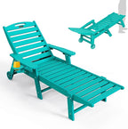 Lounge Chair Outdoor, Oversized Chaise Lounge Chair with 5 Positions, HDPE, Patio Lounge Chair with Wheels & Cup Holder for Pool, Deck, Poolside, Lake Blue