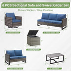 Belord Family Reunion Patio Conversation Set - 6 Piece Outdoor Sectional Furniture Set with Storage Box and Wicker Swivel Glider Chair Set of 2,Removable Blue Cushions for Deck Backyard Sunroom