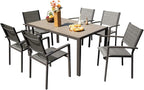 Devoko Patio Dining Set 7 Piece Outdoor Furniture with Rectangular Table and 6 Stackable Chairs Family Conversation Set for Garden Backyard Deck (Grey)