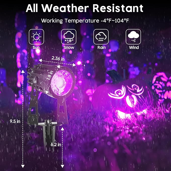Black Light Outdoor,3W Halloween Blacklight Spotlight IP67 Waterproof Landscape Lighting with Stake 5.9 Ft, Black Lights for Fluorescent Party, Poster,Courtyard Garden, Stage, 6 Pack
