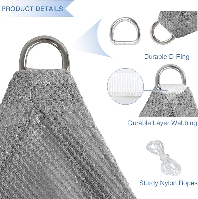 E&K Sunrise 2' x 2' x 2' Sun Shade Sail Triangle Canopy Shade Cover UV Block for Patio Backyard Garden Outdoor (Light Gray)