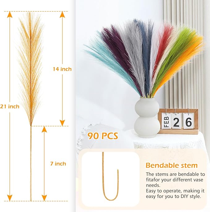 Artificial Pampas Grass Stems 90 Pcs Rainbow Colors 21.7 Inch Faux