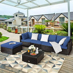 Tangkula 6 Piece Patio Furniture Set, Outdoor Deck Lawn Backyard Durable Steel Frame PE Rattan Wicker Sectional Sofa Set, Conversation Set with Coffee Table (Navy)
