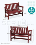 SERWALL Outdoor Bench, HDPE Outdoor Benches Weatherproof, 2-Person Garden Bench with 660 lbs Weight Capacity, Patio Benches for Outdoors, Garden, Porch, Backyard and Park, Red, 6 Pack