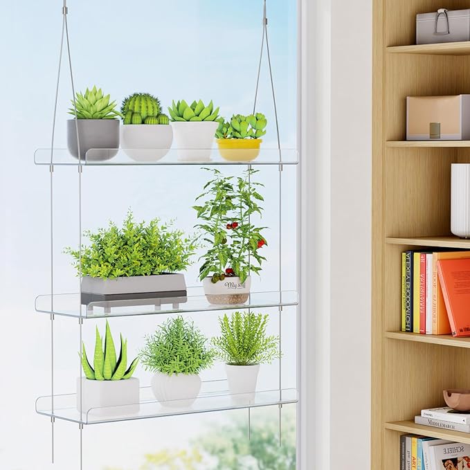 Lifewit 2-Tier Window Plant Shelves 15", Acrylic Adjustable Hanging Floating Shelf, Window Sill Extender for Succulent Plants, Micro Greens, Seed Starter Pots, Herb Planters 38 x 15 cm/15x6