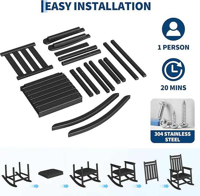 HDPE Rocking Chair Outdoor Set of 6 - Poly High Back Porch Rocker Chairs for Adults - All Weather Resistant Furniture for Patio Front Porch - Black