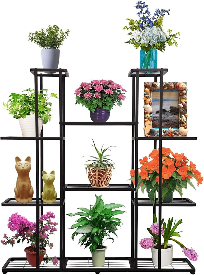 MTB Garden 4 Tier 11 Potted Metal Large Plant Stand for Indoor Outdoor Flower Pot Display Planter Shelf, Charcoal Grey