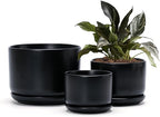 Ton Sin Plant Pots, 4.1+5.1+6.5 inch, Set of 3, Ceramic Planters with Drainage Hole and Saucer, Indoor Flower Pot Gifts for Mom（Matte Black）