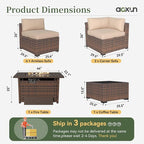 Aoxun 8 Piece Patio Furniture Set with 44” Fire Pit Table Wicker Rattan Outdoor Sectional Sofa Set with Coffee Table and Thickened Cushions, Beige (Waterproof Cover Included)