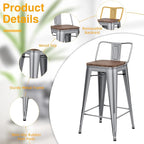 Yongchuang 26" Metal Barstools Set of 4 Low Back Bar Stool Counter Height Bar Stools with Wooden Top Silver